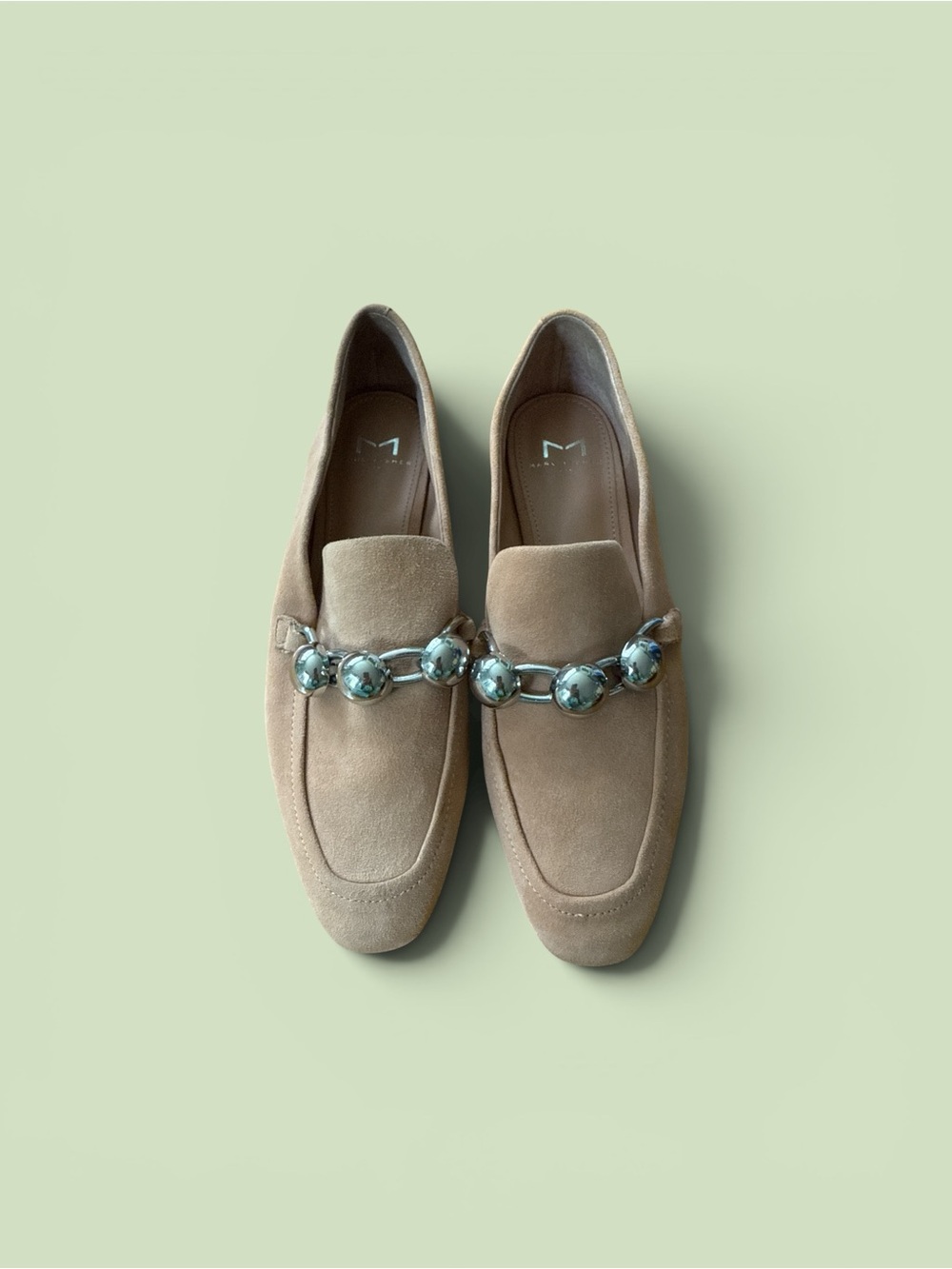 Marc Fisher Taupe Suede Loafers with Metallic Chain Accent